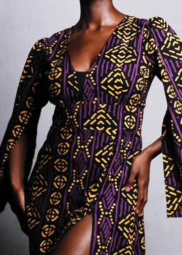 Liya Women's African Print Maxi Dress (Gold Purple Mudcloth)