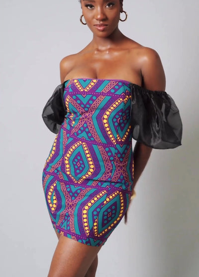 Nayana African Print Stretch Organza Sleeves Dress (Emerald Retro Diam Nayana African Print Stretch Organza Sleeves Dress (Emerald Retro Diam