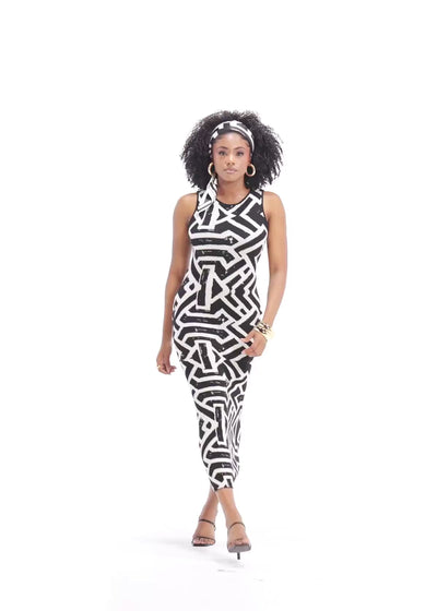 Zolani Women's African Print Knit Dress (Onyx Cream Tribal) Black / XL