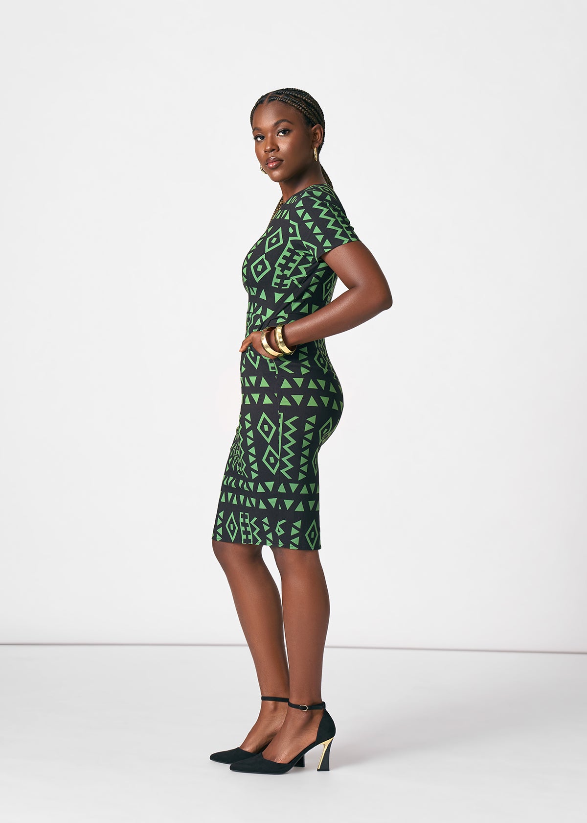 Sabella Women's African Print Stretch Dress (Moss Black Geometric) - D'IYANU