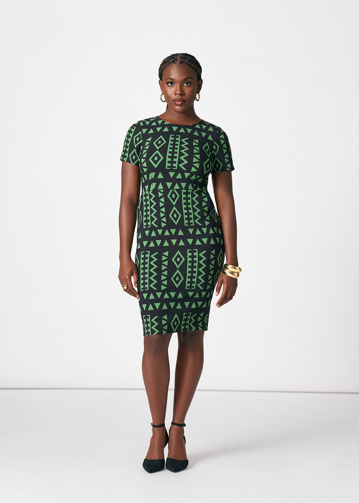 Sabella Women's African Print Stretch Dress (Moss Black Geometric) - D'IYANU