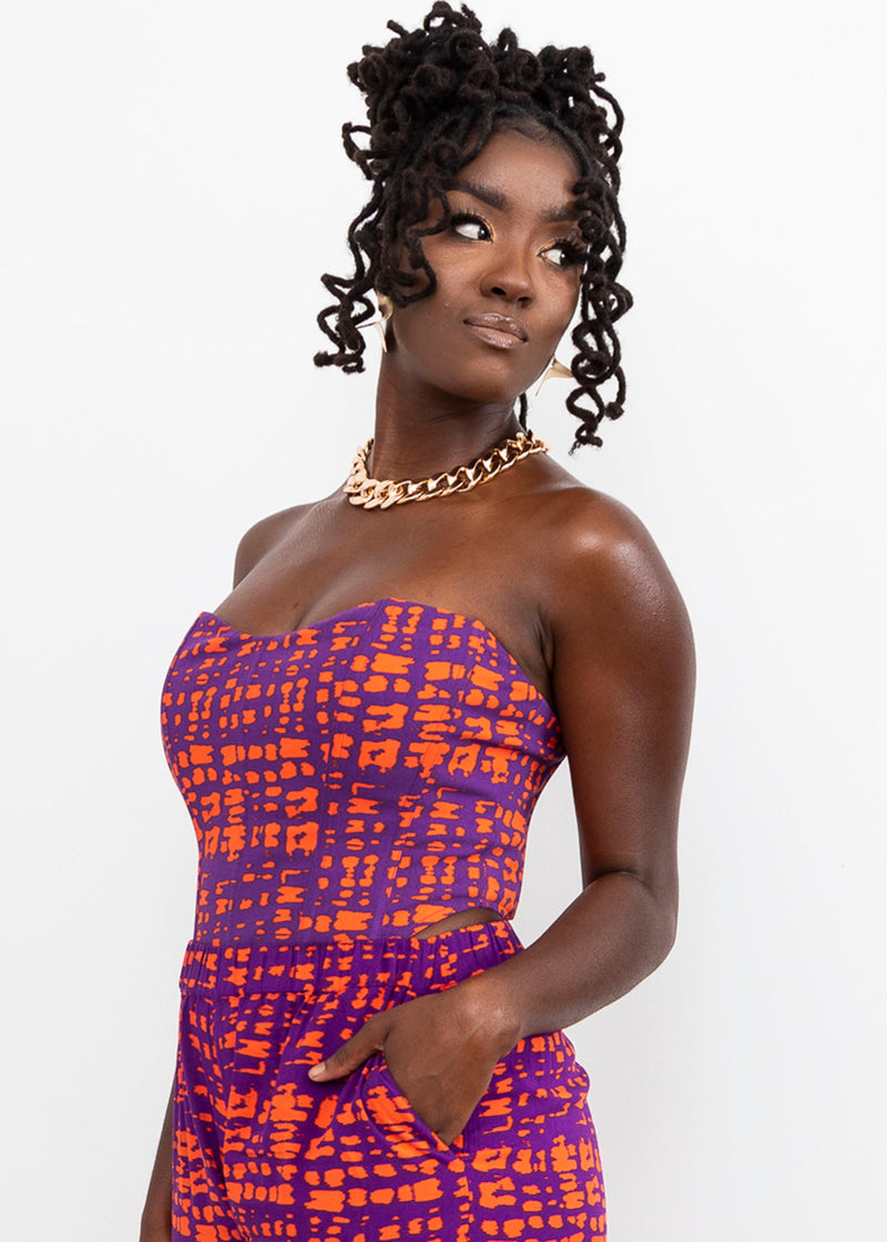 Caimile Women's African Print Stretch Corset Top (Purple Tangerine Adire)