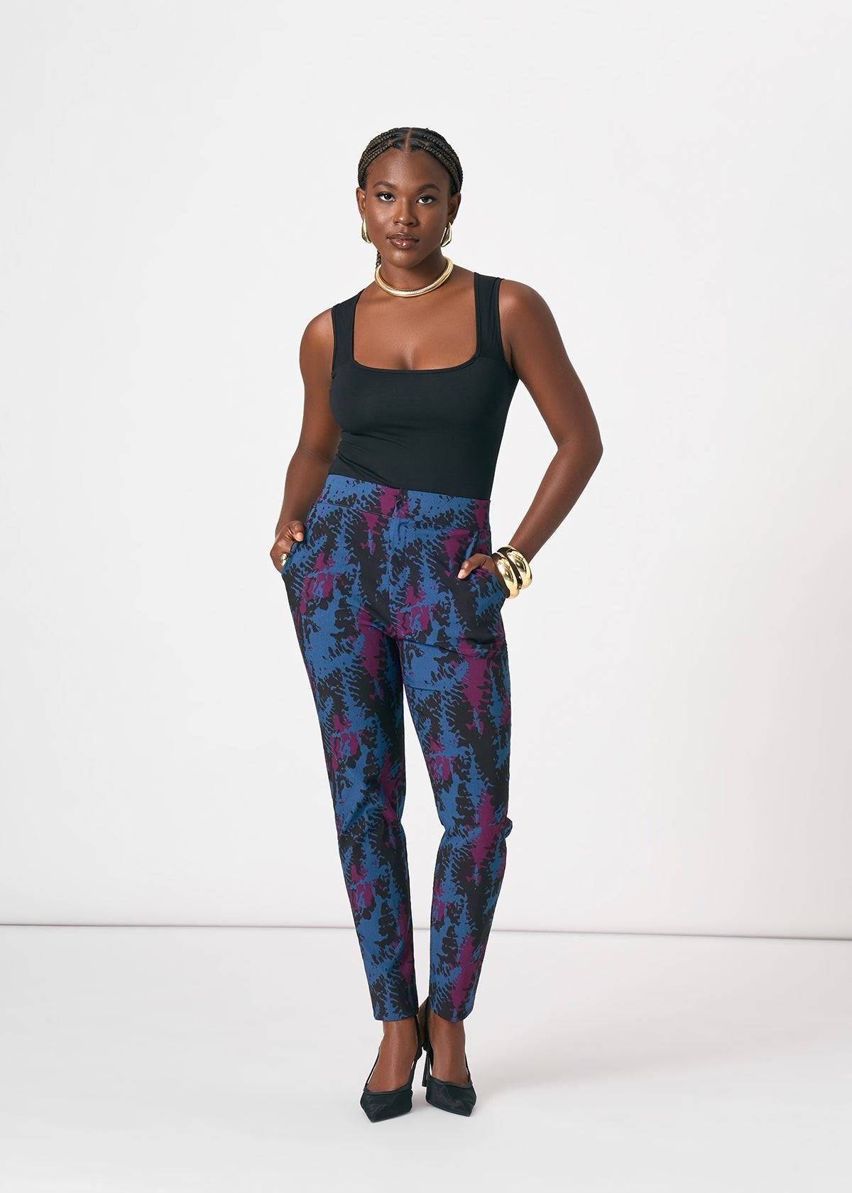 Talia Women's African Print Stretch Pants (Midnight Teal Abstract) - D'IYANU
