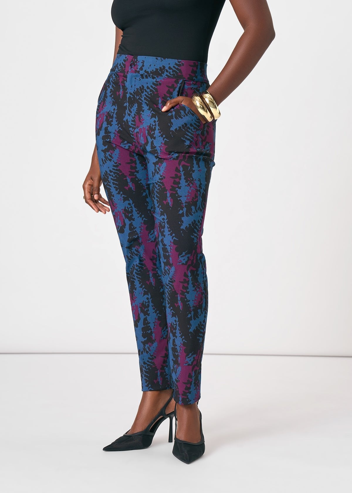 Talia Women's African Print Stretch Pants (Midnight Teal Abstract) - D'IYANU