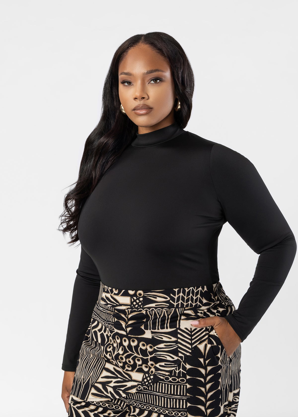 Thabisa Women's African Print Mock Neck Bodysuit (Black)