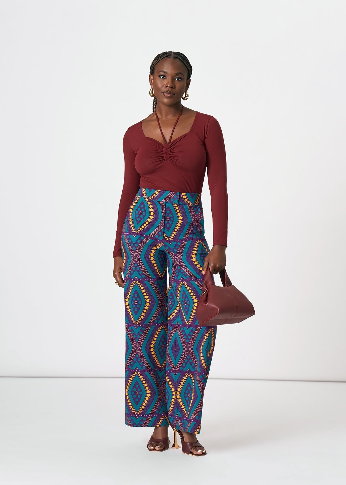Thema Women's African Print Stretch Wide leg Pants (Emerald Retro Diamonds) - D'IYANU