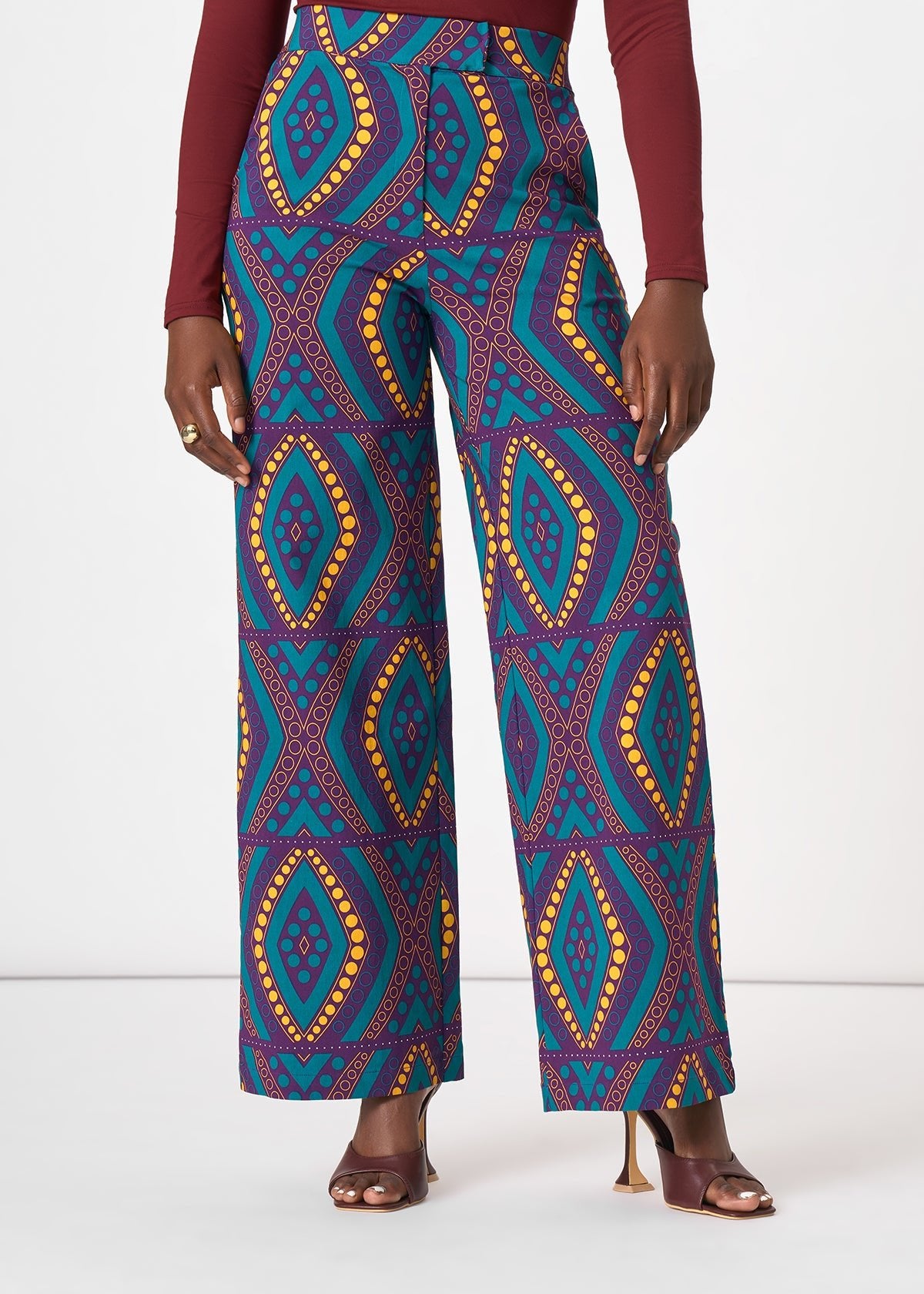 Thema Women's African Print Stretch Wide leg Pants (Emerald Retro Diamonds) - D'IYANU