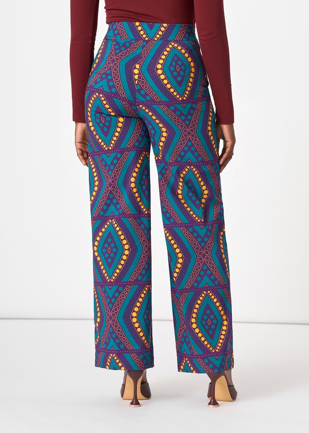 Thema Women's African Print Stretch Wide leg Pants (Emerald Retro Diamonds) - D'IYANU