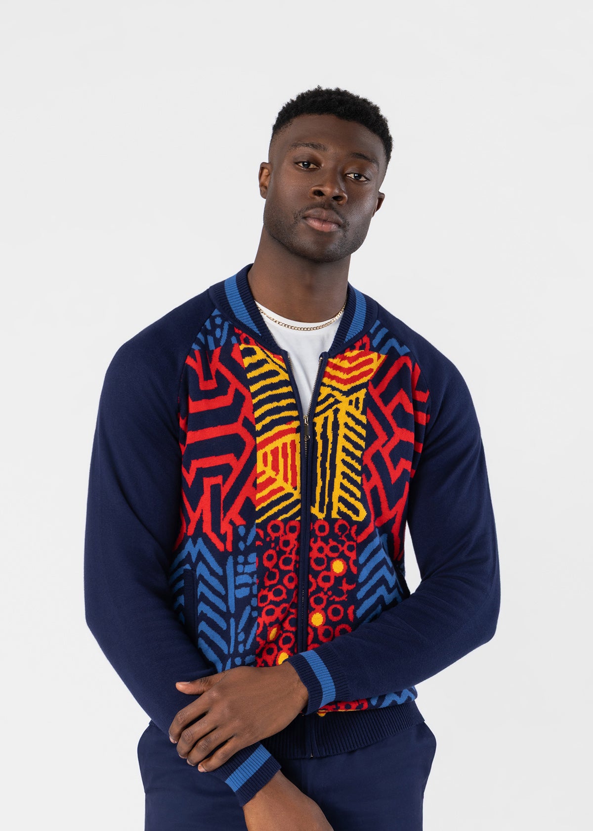 Togo Men's African Print Zip-Up Sweater (Poppy Navy Multipattern)