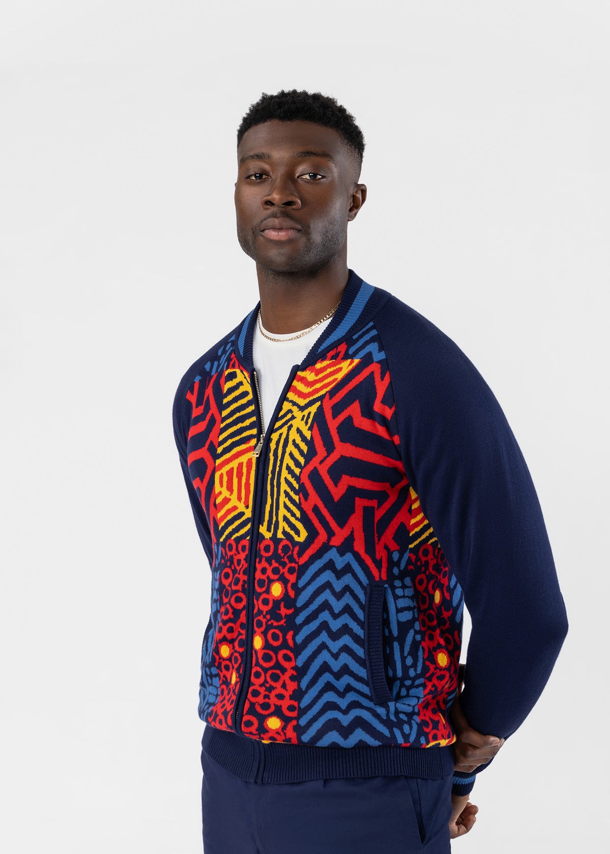 Togo Men's African Print Zip-Up Sweater (Poppy Navy Multipattern)