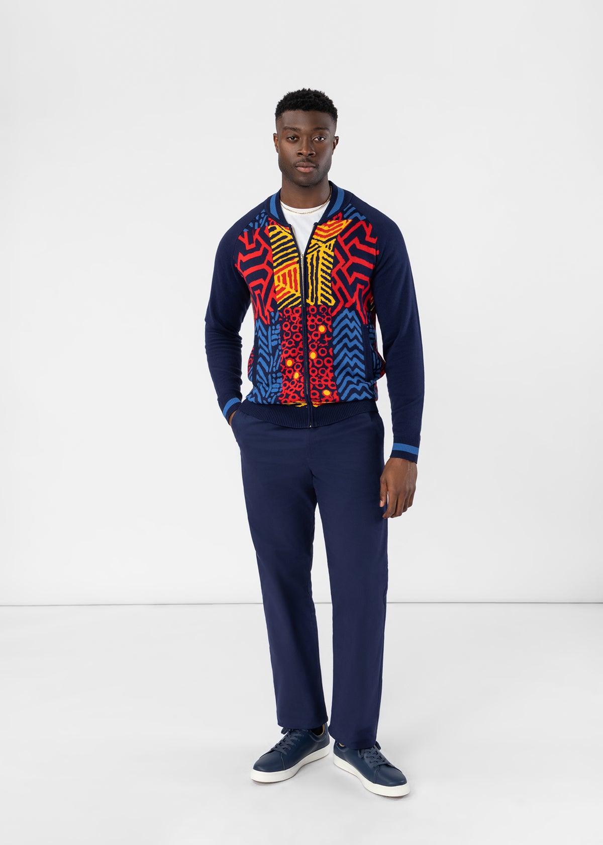 Togo Men's African Print Zip-Up Sweater (Poppy Navy Multipattern)