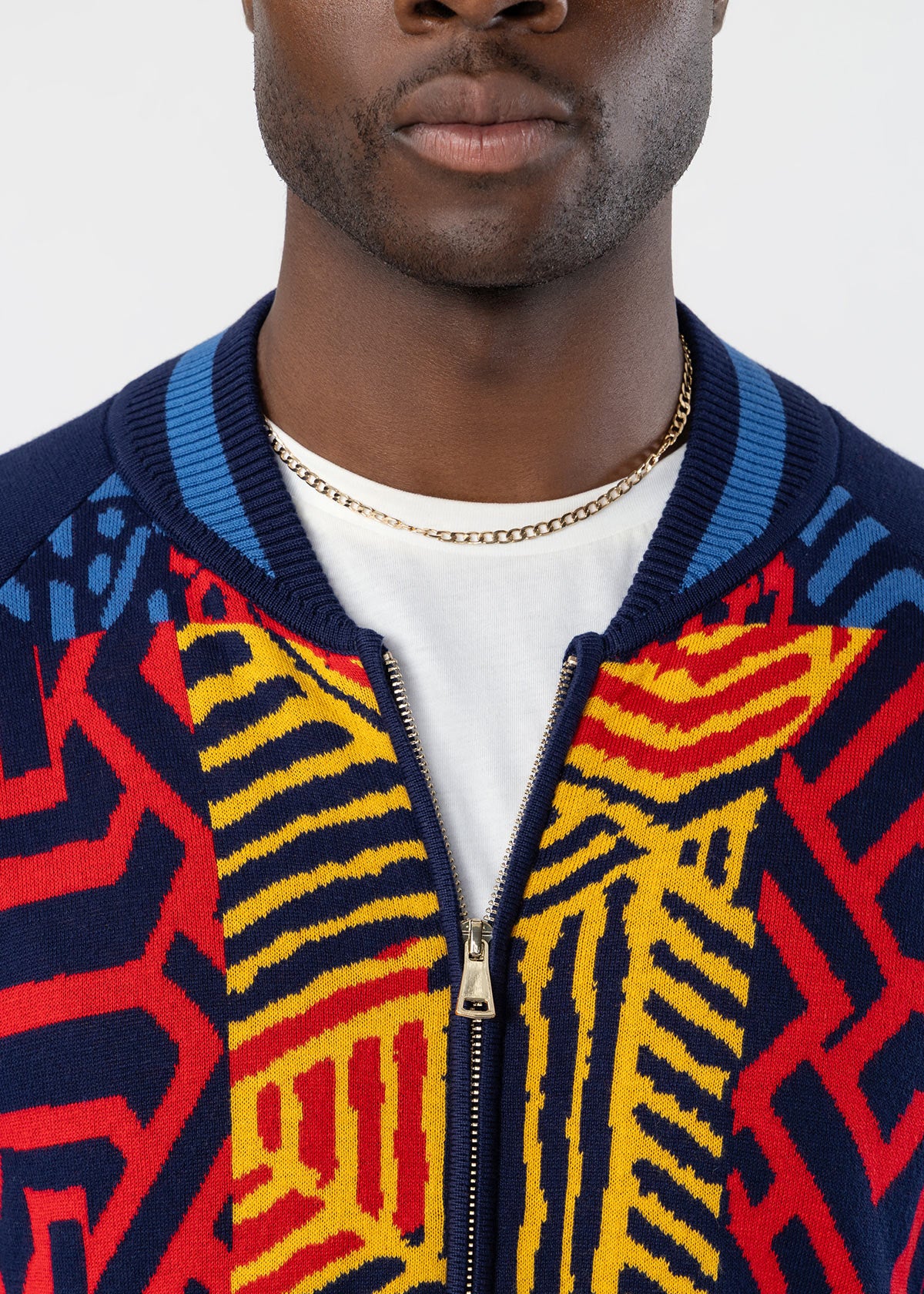 Togo Men's African Print Zip-Up Sweater (Poppy Navy Multipattern)