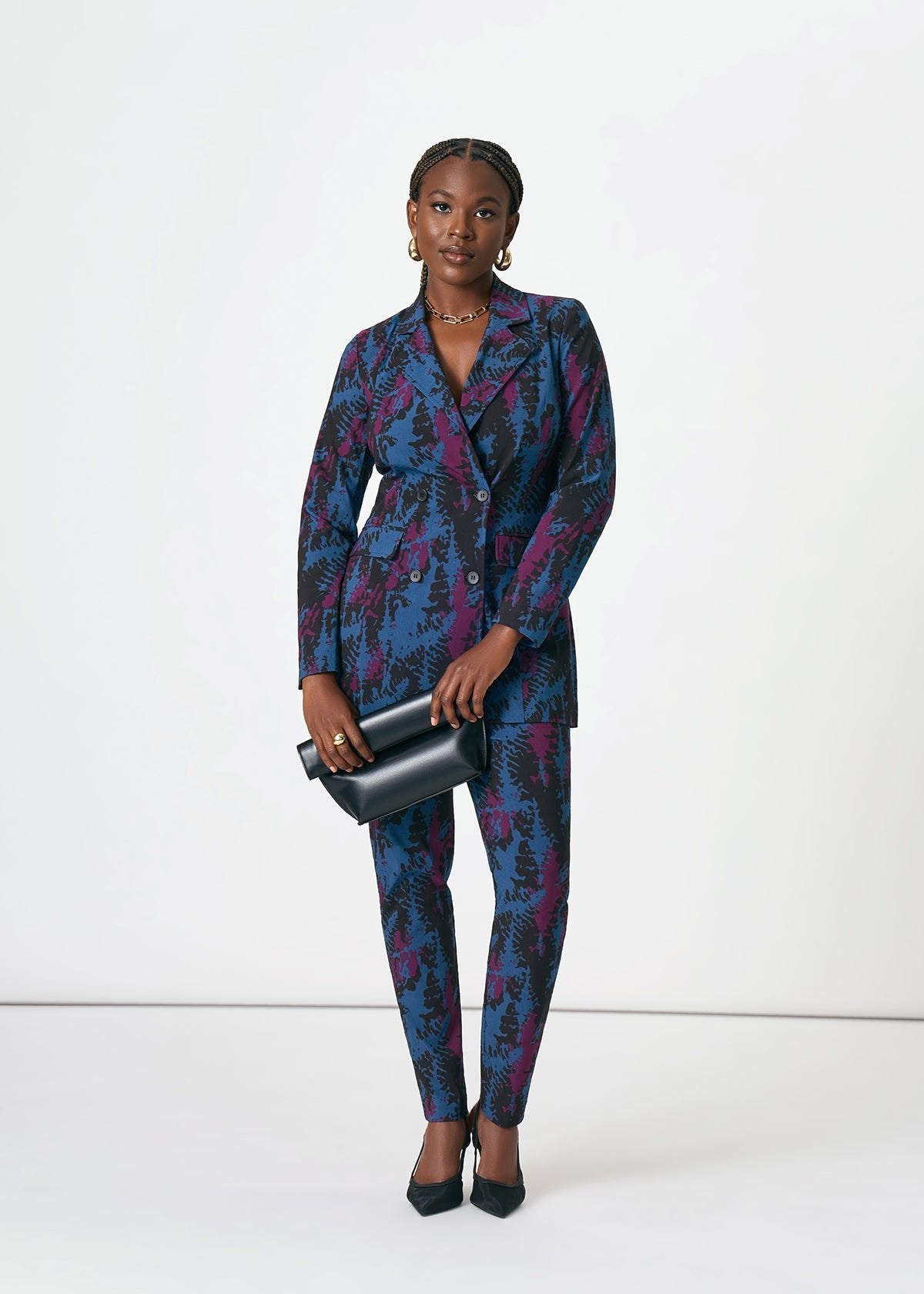 Uyai Women's African Print Stretch Blazer (Midnight Teal Abstract) - D'IYANU