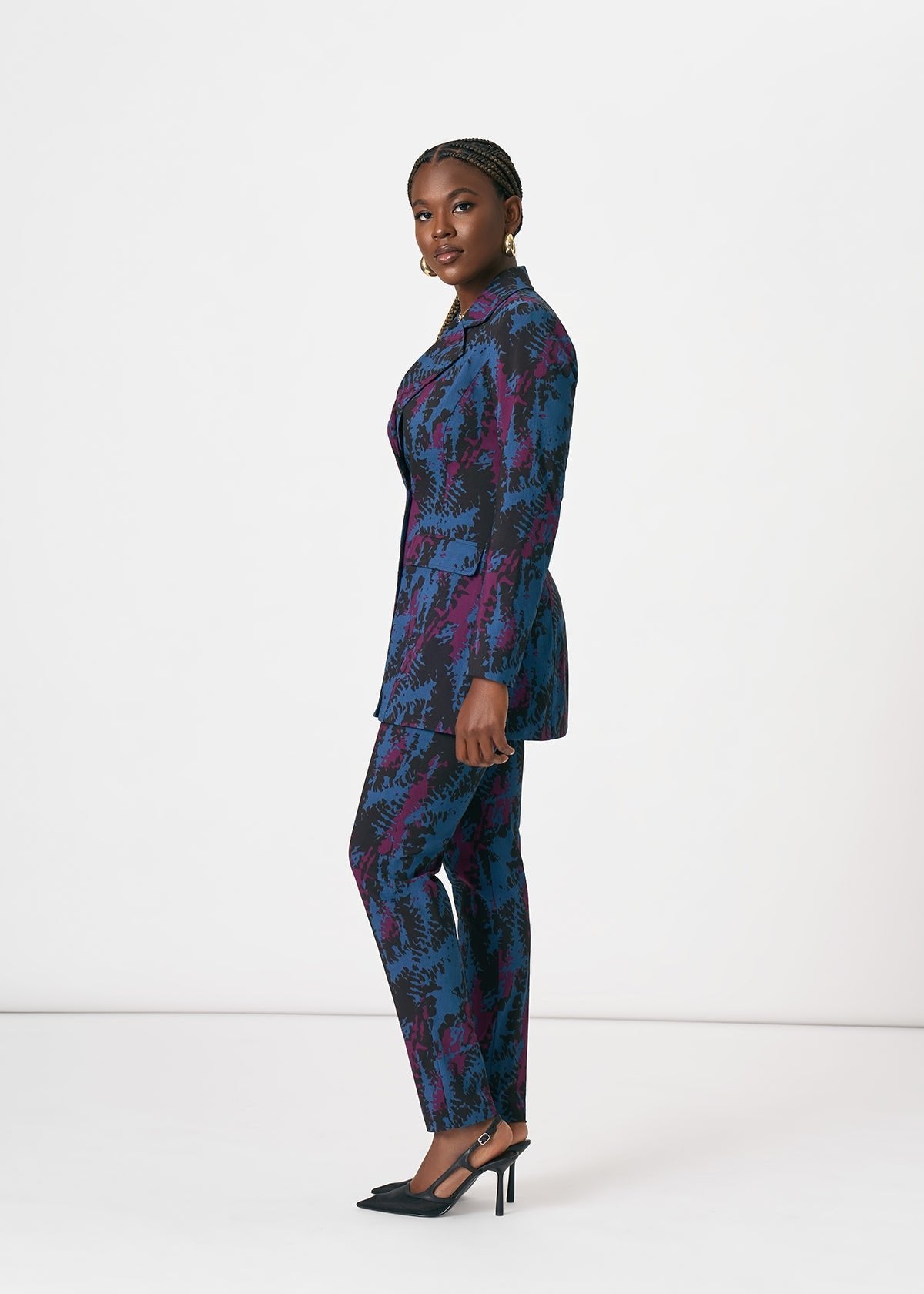 Uyai Women's African Print Stretch Blazer (Midnight Teal Abstract) - D'IYANU