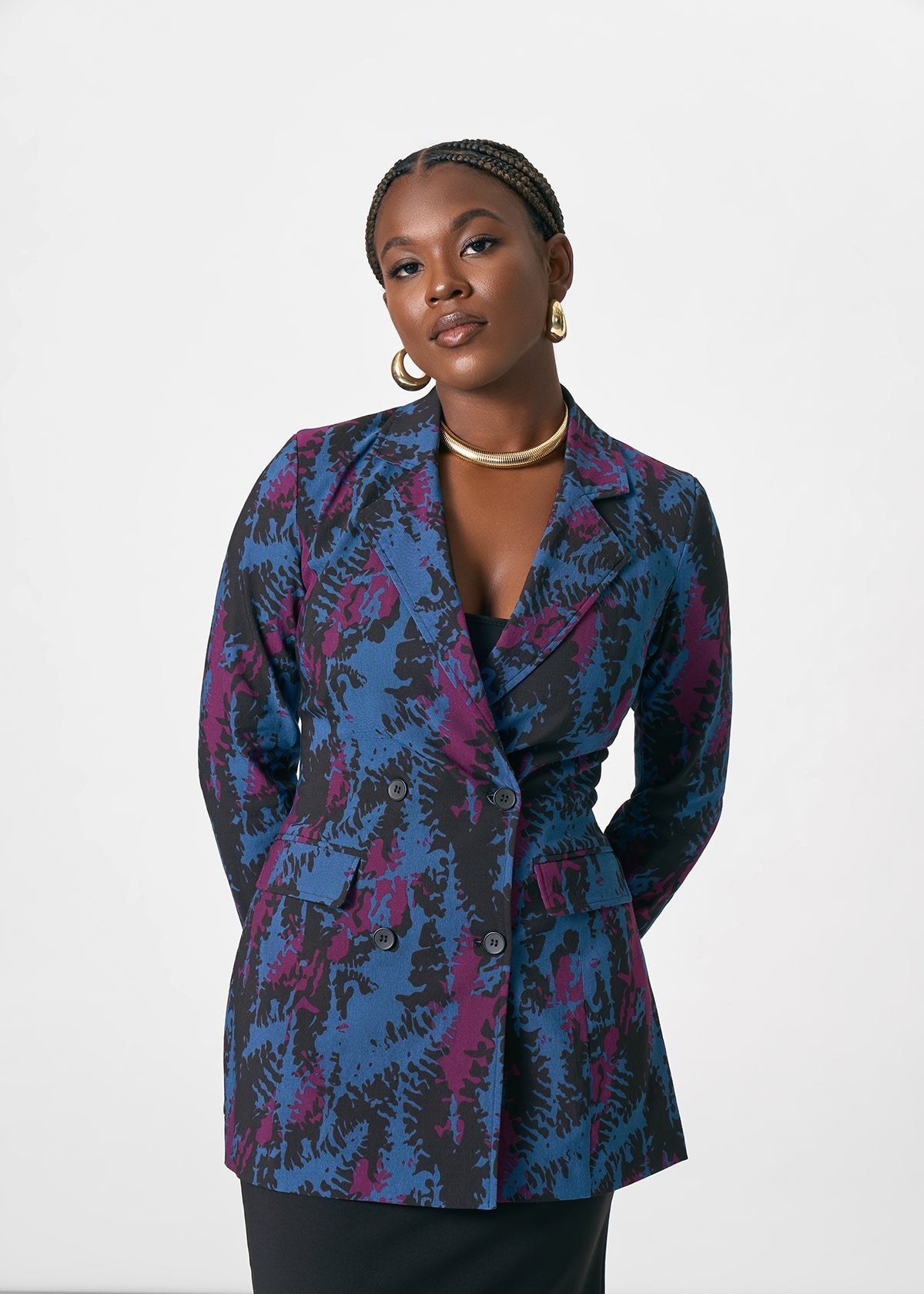 Uyai Women's African Print Stretch Blazer (Midnight Teal Abstract) - D'IYANU