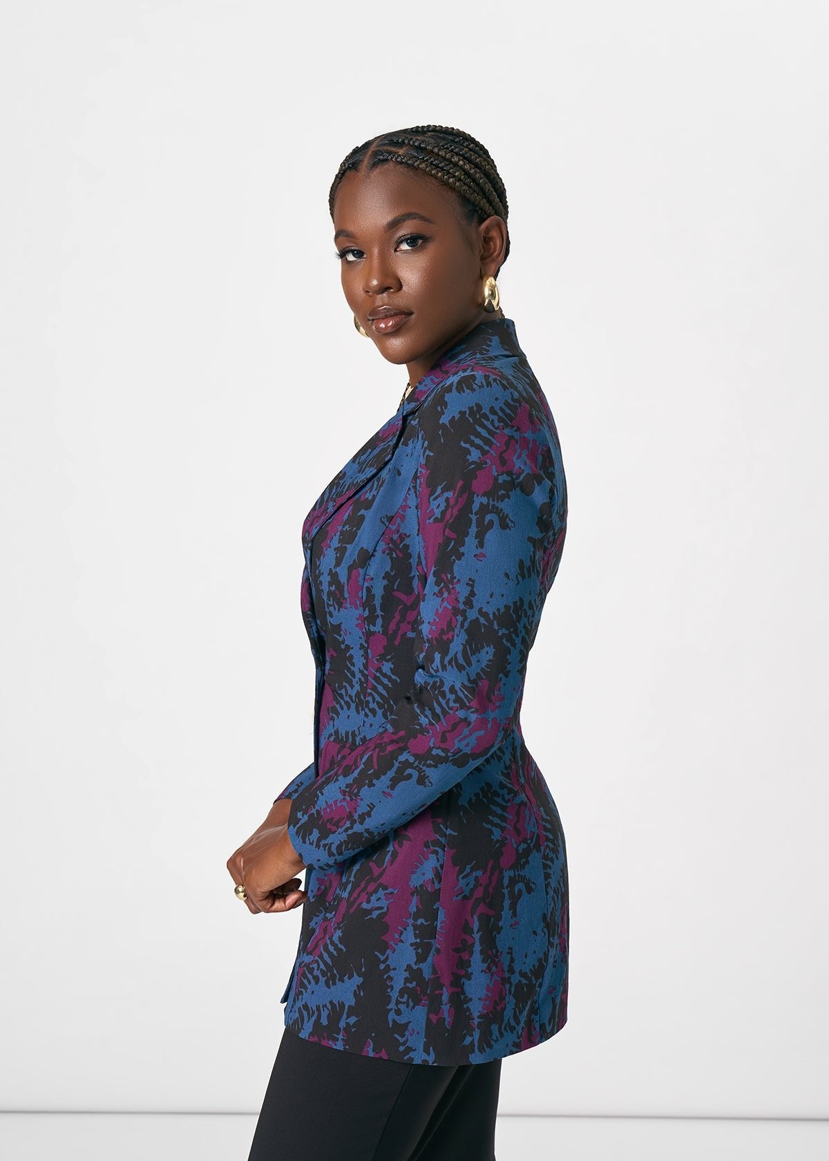 Uyai Women's African Print Stretch Blazer (Midnight Teal Abstract) - D'IYANU