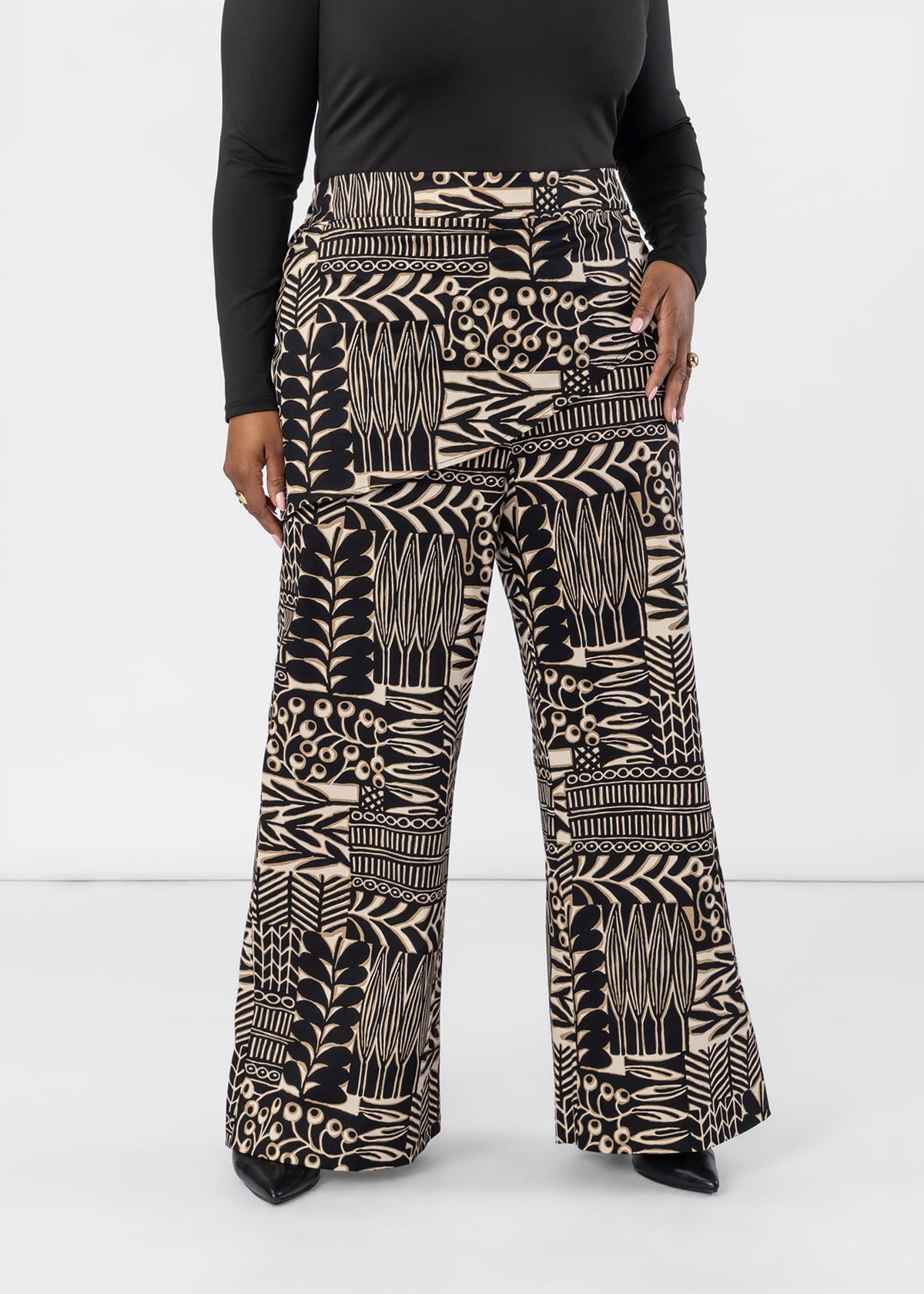 Yasmine Women's African Print Asymmetrical Pants (Ebony Tan Botanic)