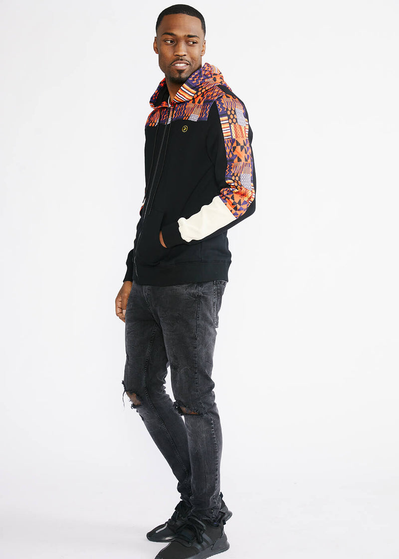 Tumo Unisex African Print Color-Blocked Zip-Up Hoodie (Black/ Orange Navy Kente) - Clearance