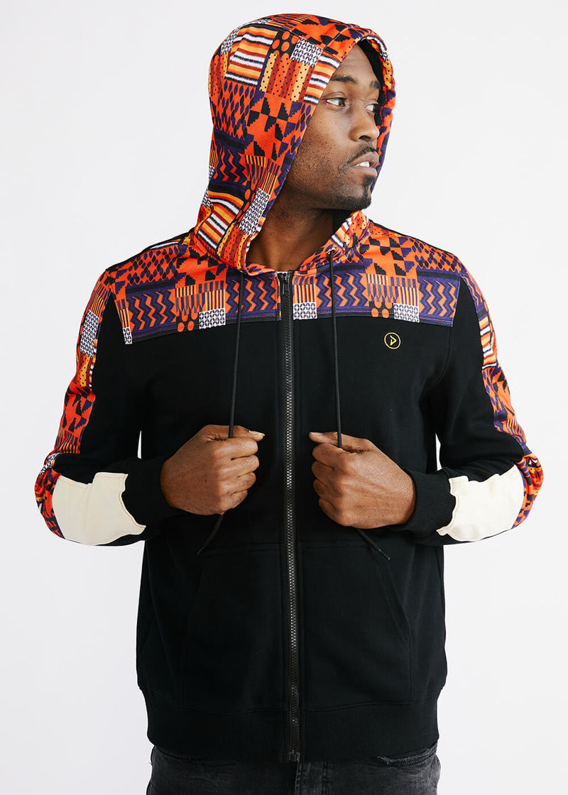 Tumo Unisex African Print Color-Blocked Zip-Up Hoodie (Black/ Orange Navy Kente) - Clearance