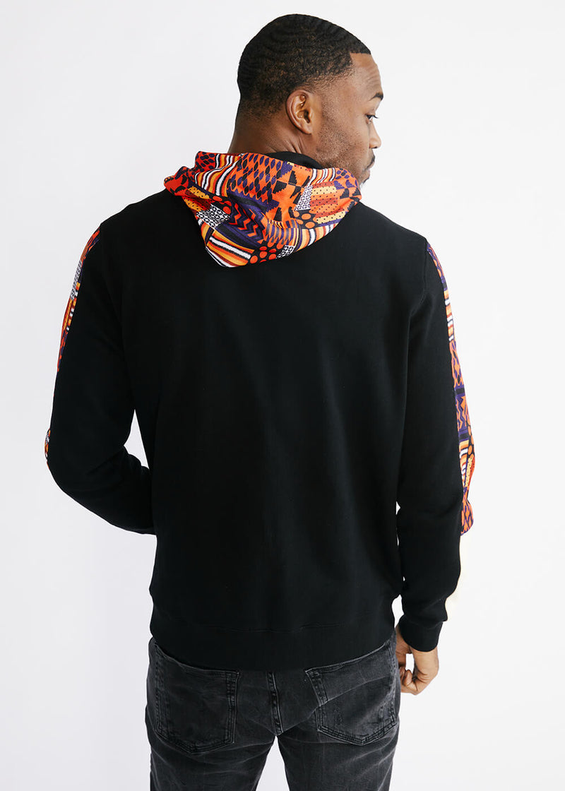 Tumo Unisex African Print Color-Blocked Zip-Up Hoodie (Black/ Orange Navy Kente) - Clearance