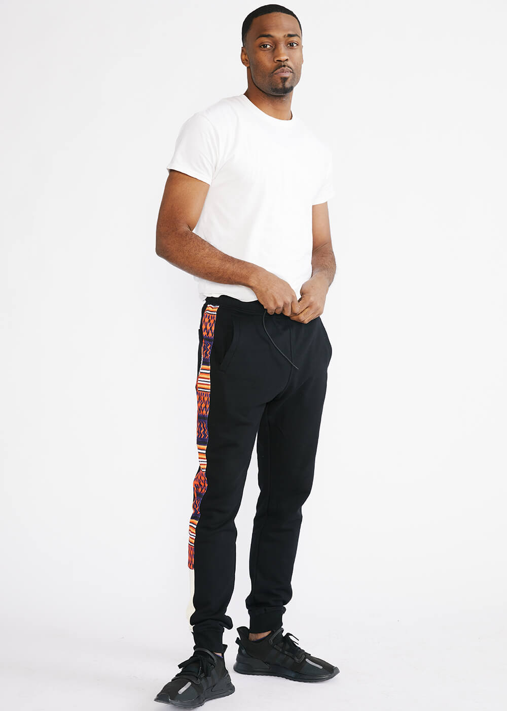 Faraji Men's African Print Color-Blocked Joggers (Black/Orange Navy Kente) - Clearance - D'IYANU