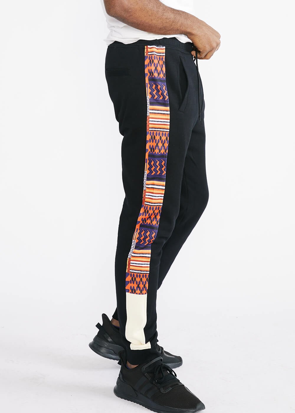 Faraji Men's African Print Color-Blocked Joggers (Black/Orange Navy Kente) - Clearance Black - D'IYANU