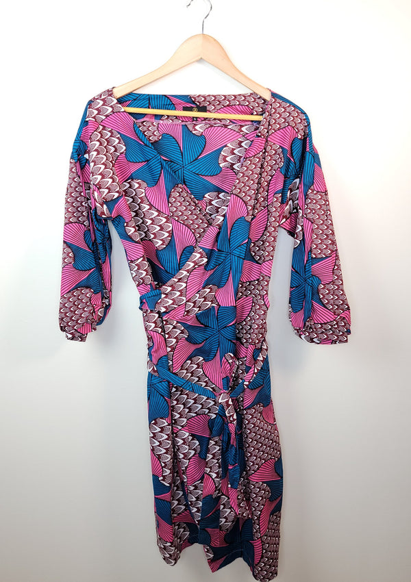 Sample Lamia Women's African Print Bell Sleeve Wrap Dress (Pink Teal Pinwheels)