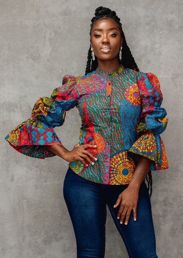 Amari Women's African Print Button-Up Top (New Harvest Multipattern)