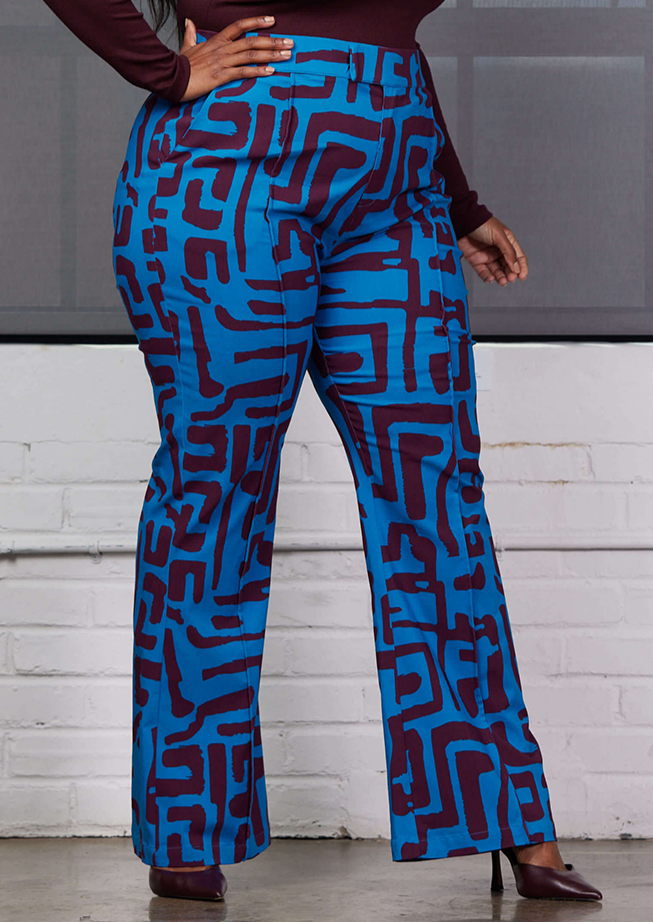 Abebe Women's African Print Stretch Wide Leg Pants (Fig Blue Geometric) - Clearance