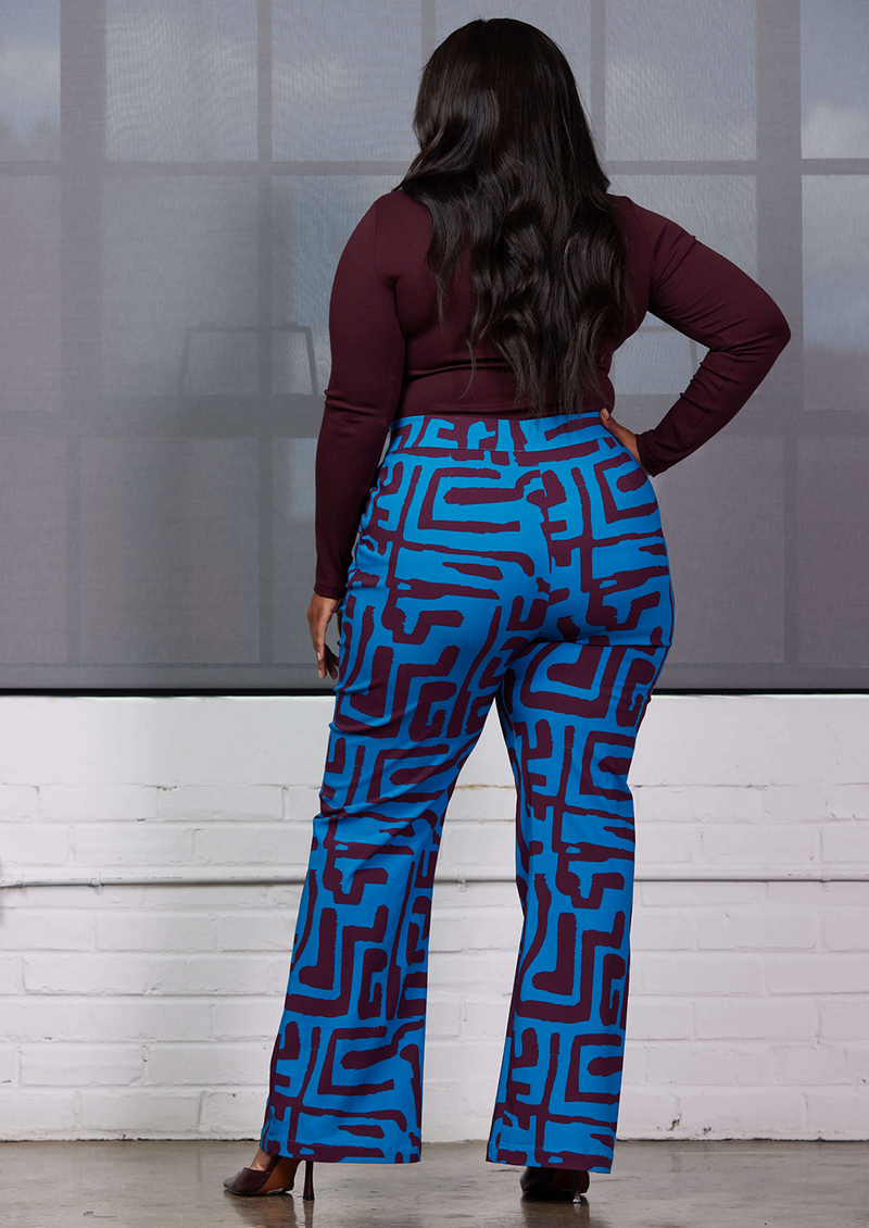 Abebe Women's African Print Stretch Wide Leg Pants (Fig Blue Geometric)