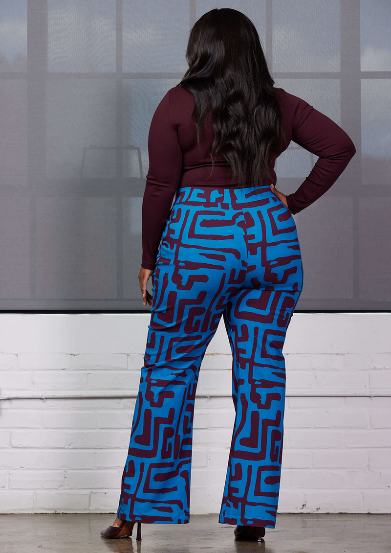 Abebe Women's African Print Stretch Wide Leg Pants (Fig Blue Geometric –  D'IYANU