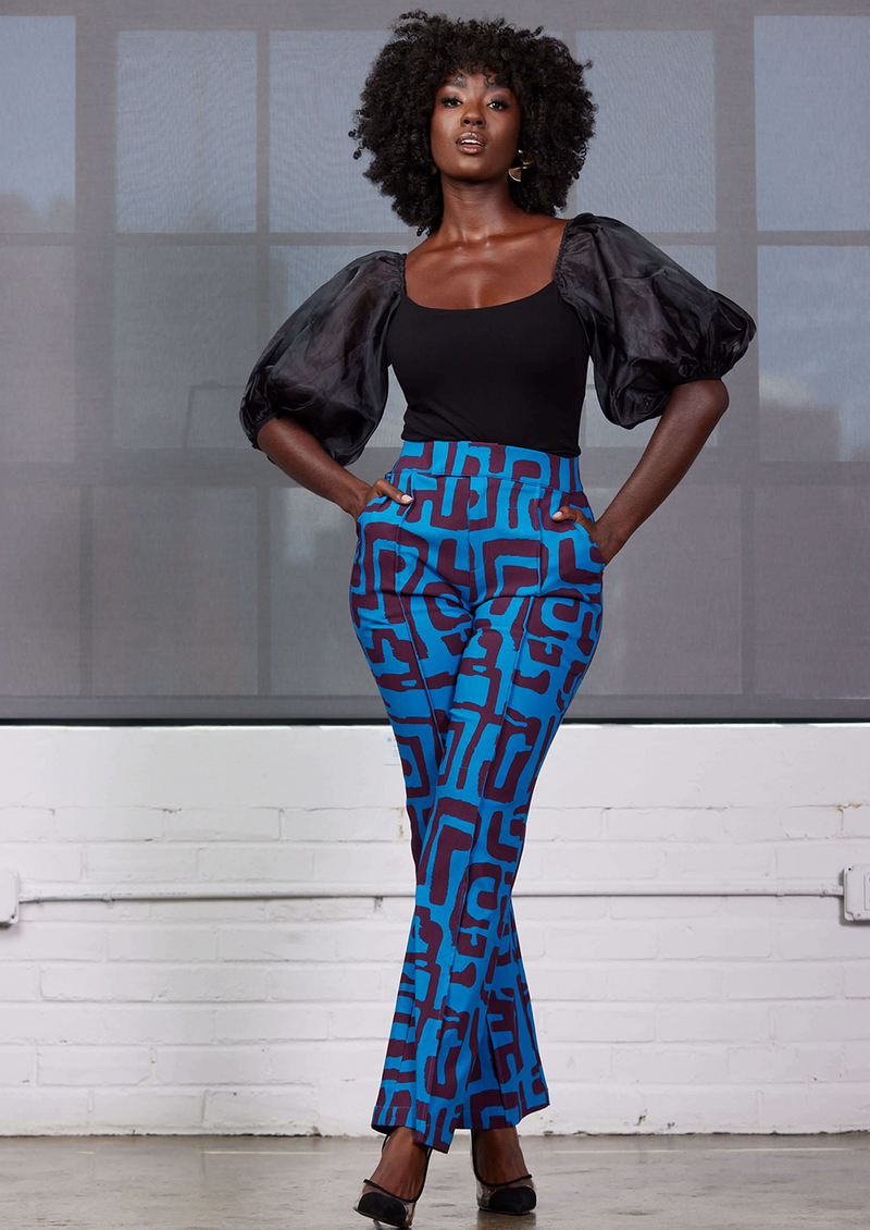 Abebe Women's African Print Stretch Wide Leg Pants (Fig Blue Geometric)