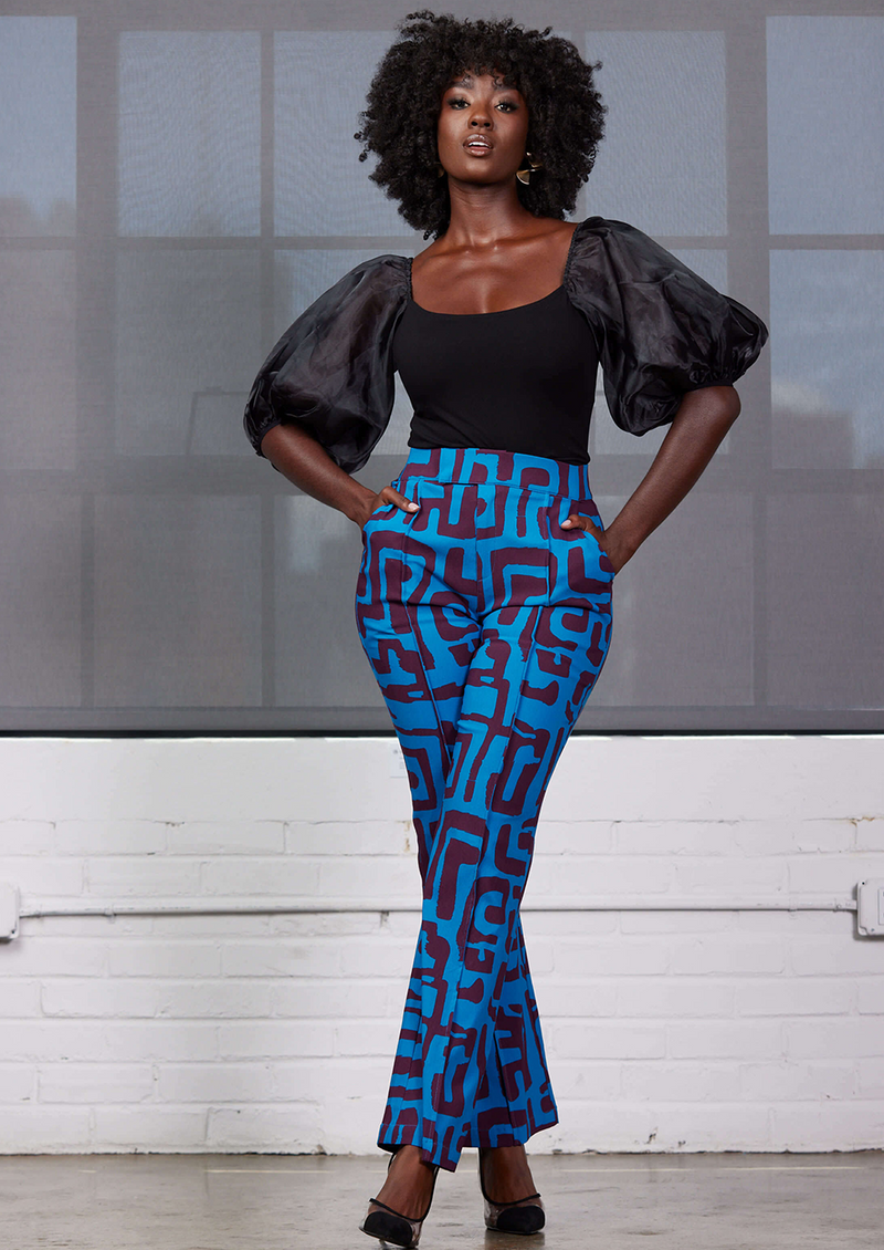 Abebe Women's African Print Stretch Wide Leg Pants (Fig Blue