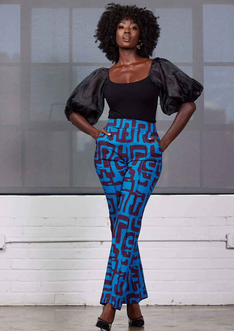 Abebe Women's African Print Stretch Wide Leg Pants (Fig Blue Geometric) - Clearance