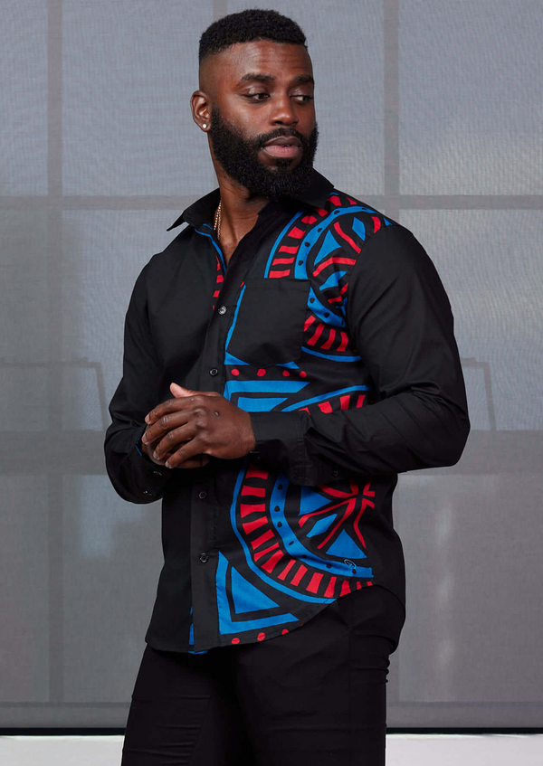 Abiade Men's African Print Button-Up (Black/Blue Red Tiles)