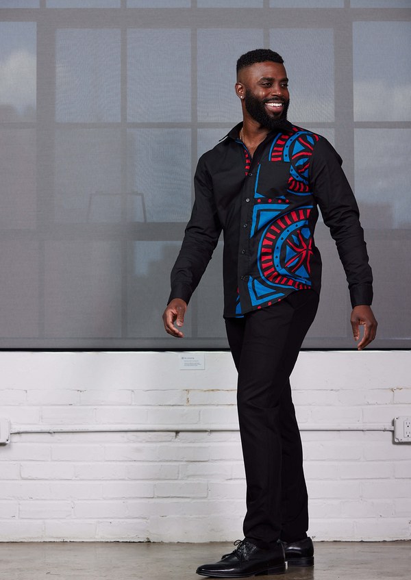 Abiade Men's African Print Button-Up (Black/Blue Red Tiles) - Clearance