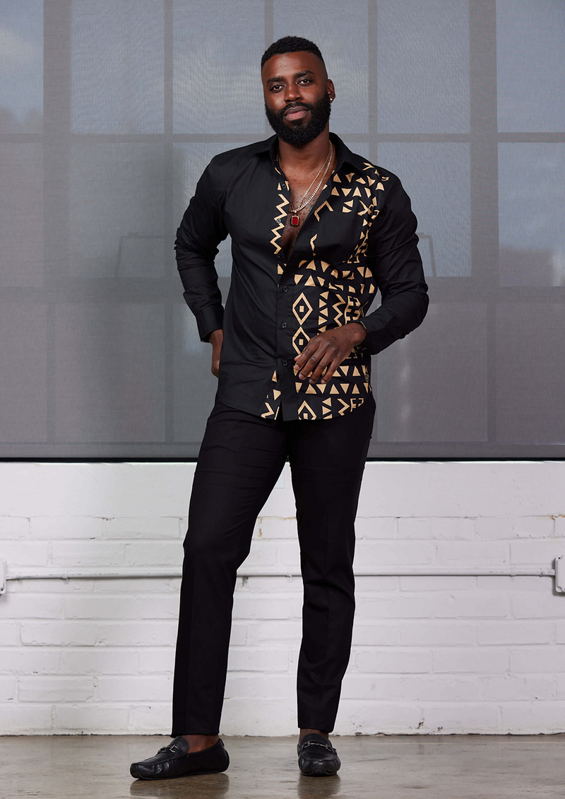 Abiade Men's African Print Button-Up (Black/Tan Black Tribal) – D'IYANU