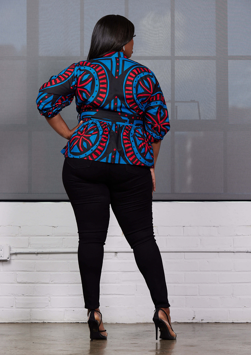 Aega Women's African Print Peplum Blouse (Blue Red Tiles)