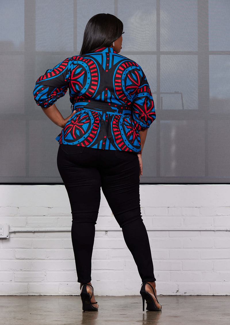 Aega Women's African Print Peplum Blouse (Blue Red Tiles) - Clearance