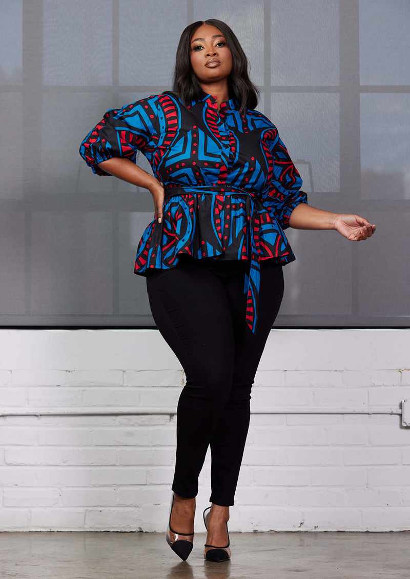 Aega Women's African Print Peplum Blouse (Blue Red Tiles)