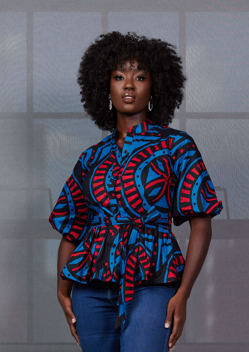 Aega Women s African Print Peplum Blouse Blue Red Tiles Clearance