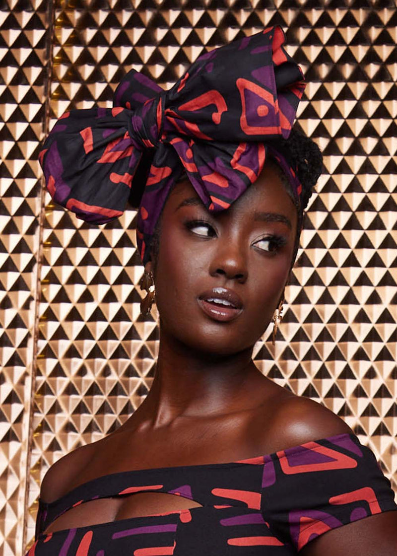 African Print Head Wrap/Scarf (Black Peach Tribal)