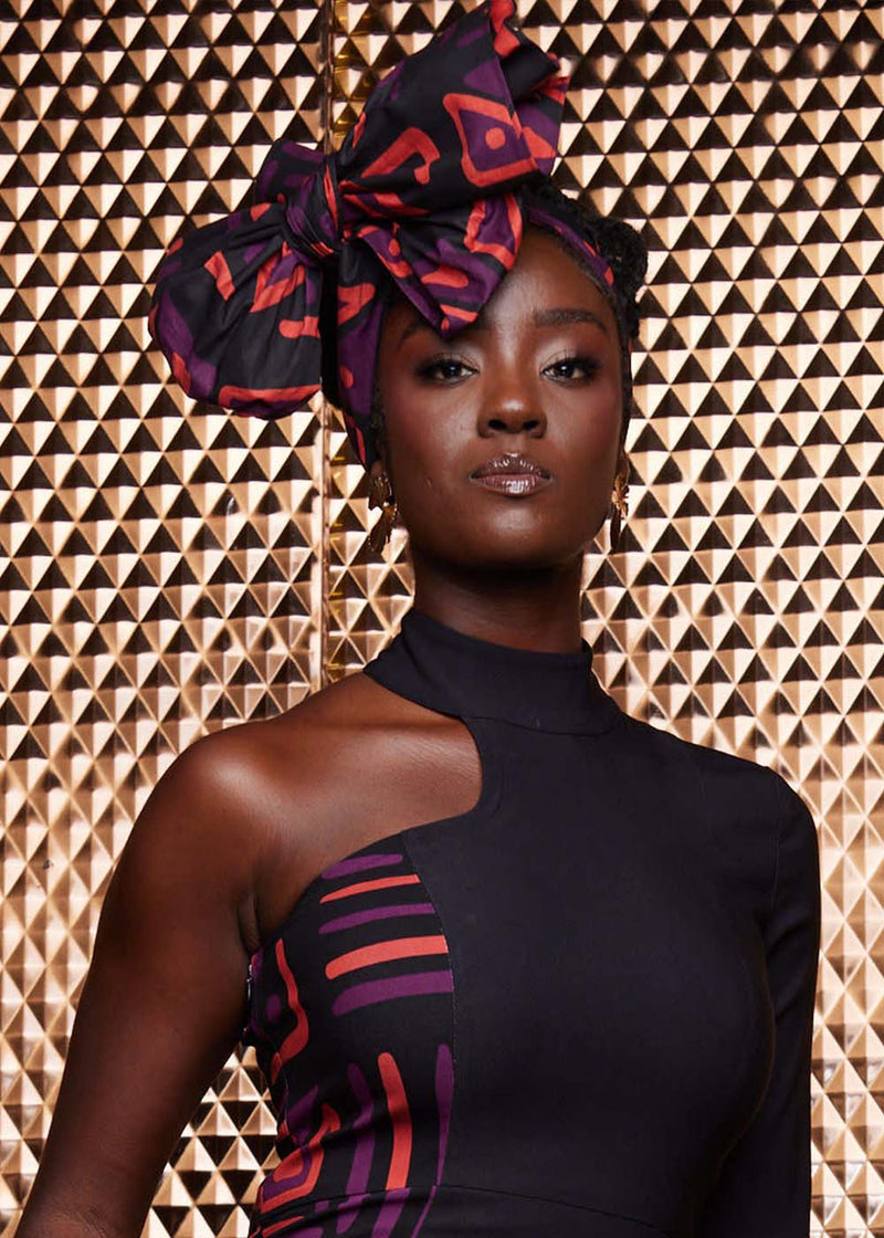 African Print Head Wrap/Scarf (Black Peach Tribal)