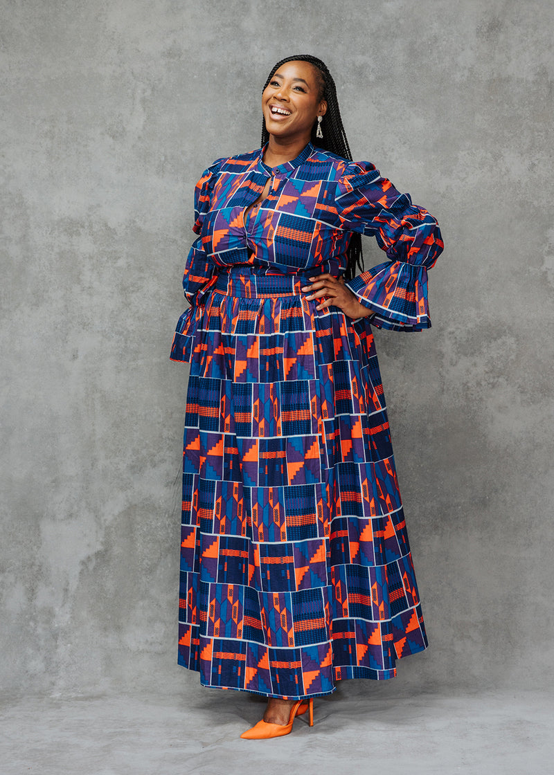 Amari Women's African Print Button-Up Top (Purple Navy Kente)