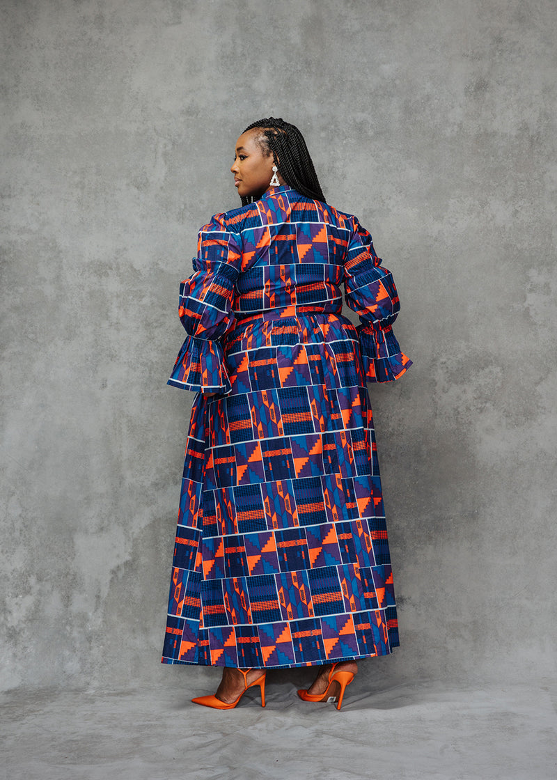 Amari Women's African Print Button-Up Top (Purple Navy Kente)