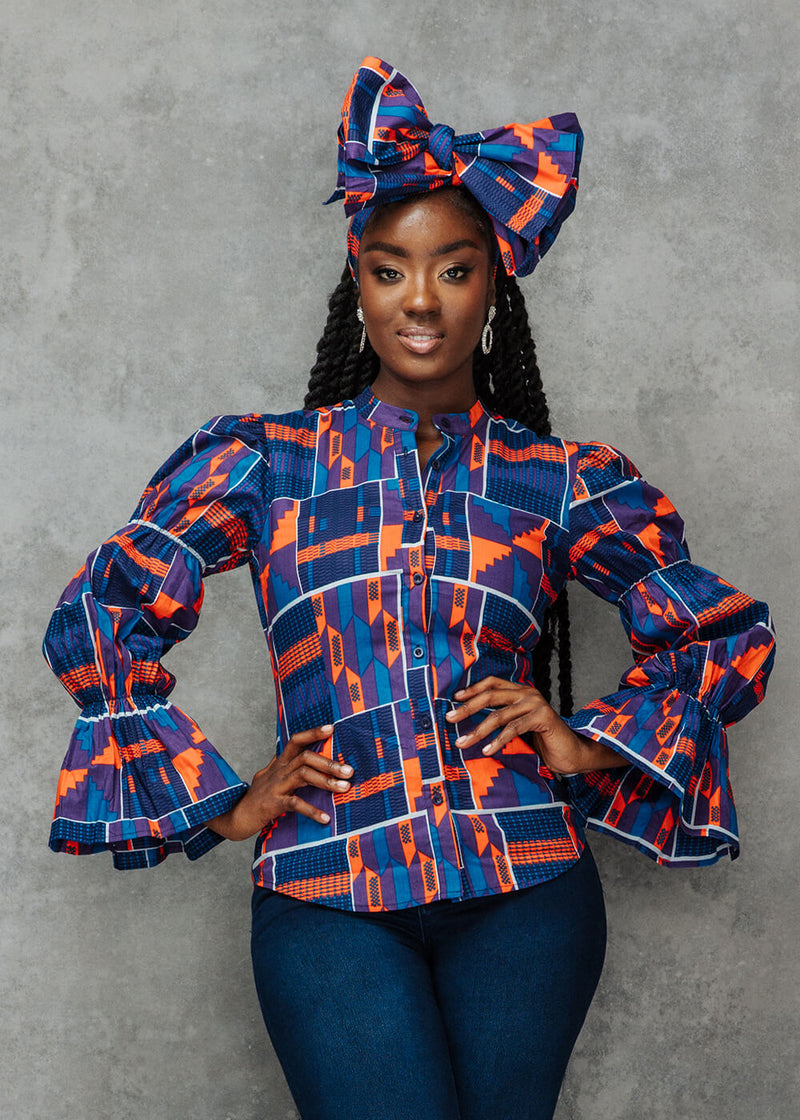 Amari Women's African Print Button-Up Top (Purple Navy Kente)