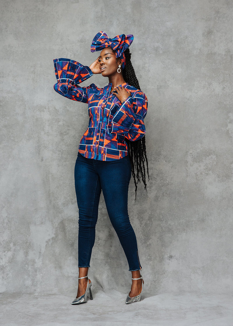 Amari Women's African Print Button-Up Top (Purple Navy Kente)