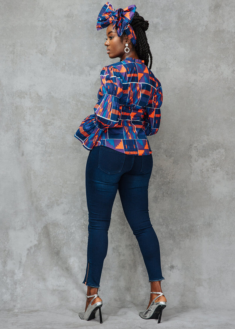 Amari Women's African Print Button-Up Top (Purple Navy Kente)