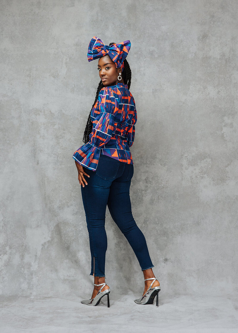 Amari Women's African Print Button-Up Top (Purple Navy Kente)