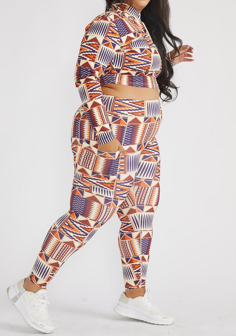 Anaya Women's African Print Zip-Up Crop Top (Cream Maroon Kente)